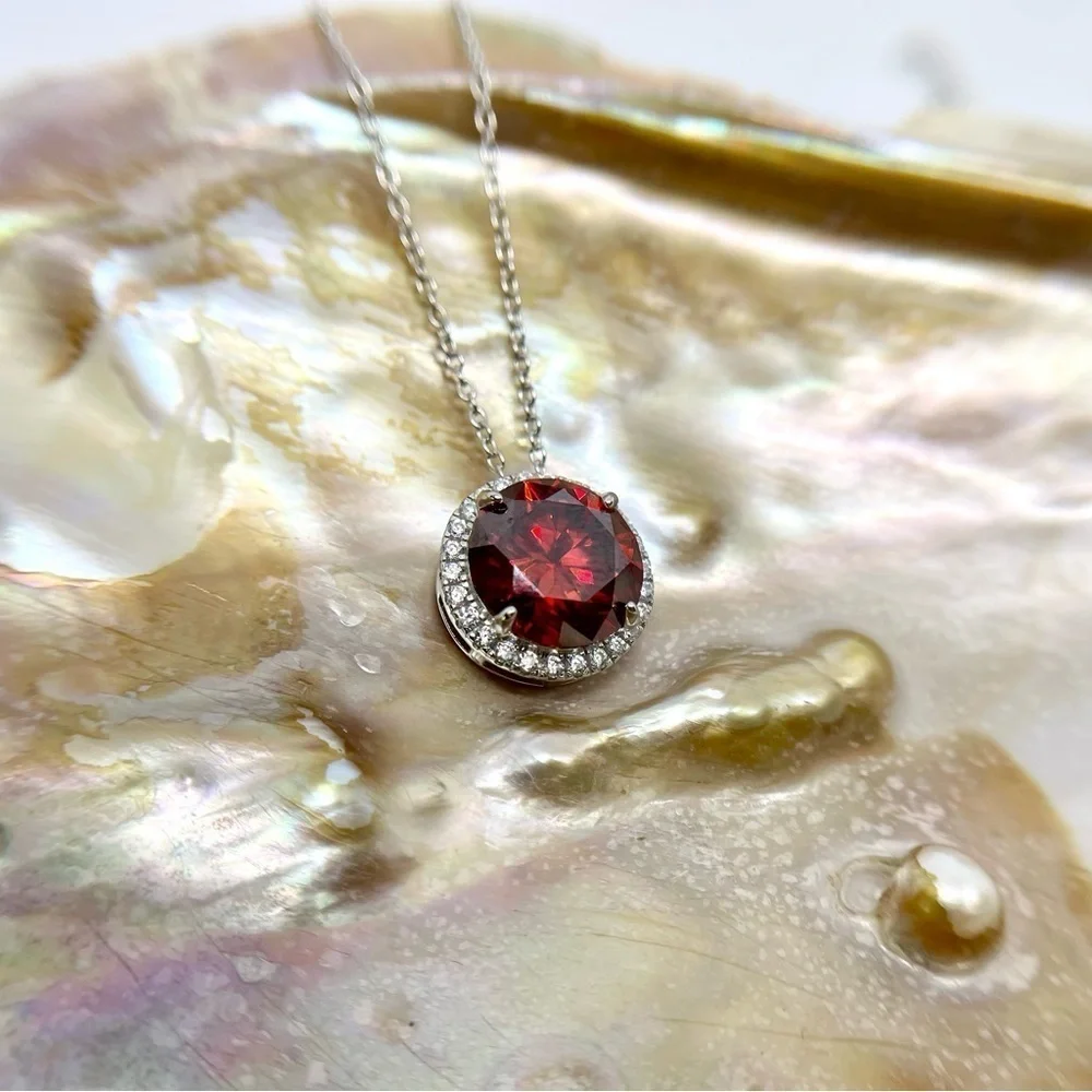 5 Ct Red Moissanite Pendant Necklace 18K White Gold Finish 925 Silver Halo GRA